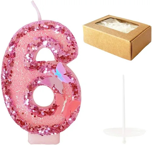 Vista 12 de Velas de cumpleaños número 4, velas de pastel de feliz cumpleaños con purpurina rosa hecha a mano rosado