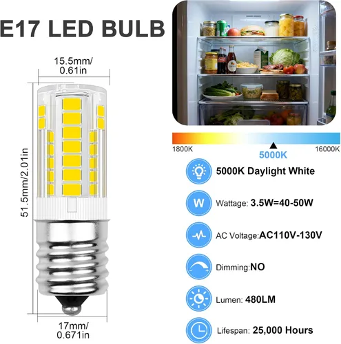 Vista 4 de Kei D28x Kel 2816x - Bombilla LED intermedia E17 de 3.5 W, repuesto compatible con refrigerador Kenmore 480LM 120V 5000K, bombilla de microondas