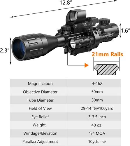 Vista 6 de MidTen Combo de alcance AO 4-16x50 con mira láser dual verde/roja, combo 5 en 1 con alcance óptico iluminado dual y mira holográfica de 4 retículas