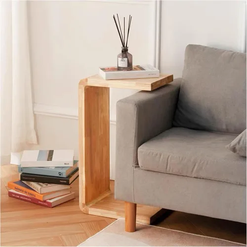 Vista 10 de Mesa auxiliar en forma de C, mesa auxiliar de madera maciza para sofá, cama y sala de estar, mesa auxiliar pequeña para aperitivos que ahorra