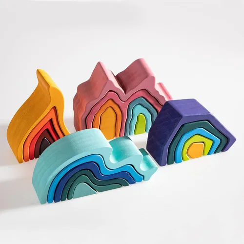 Vista 7 de Juguete apilable de madera de arco iris, apilador de madera con elementos de fuego, bloques apilables de varias formas, Waldorf y Montessori juguete