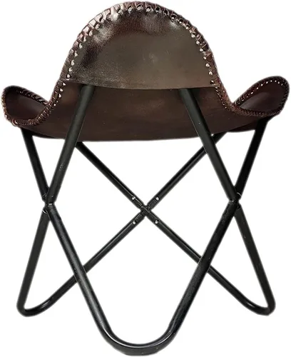 Vista 4 de Taburete otomano de mariposa de cuero marrón oscuro hecho a mano – Reposapiés de cuero de búfalo auténtico con base plegable de hierro negro, silla