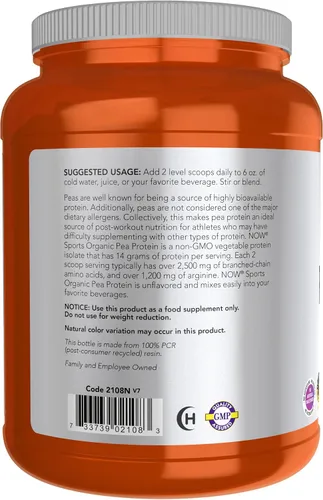 Vista 3 de NOW Foods Sports Nutrition, proteína de guisante orgánica certificada de 0.51 onzas, polvo sin sabor, 1.5 libras