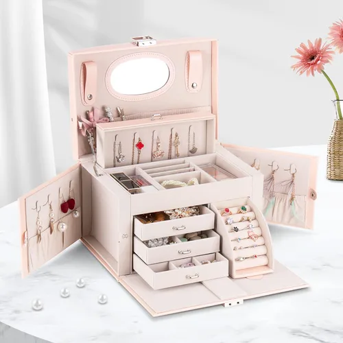 Vista 7 de Botanka Joyero para mujer caja de joyería de piel sintética cajas organizadoras de almacenamiento para anillos aretes collares pulseras estuche