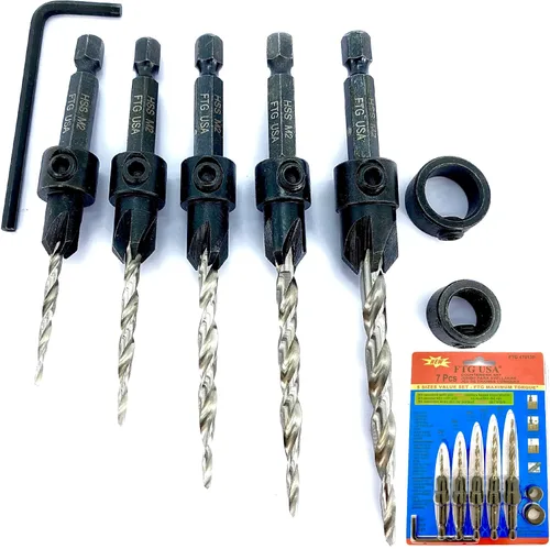 Vista 40 de FTG USA Juego de 3 brocas avellanadoras ajustables para madera #4 (7/64 pulgadas) con broca cónica para carpintería