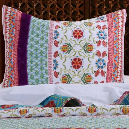 Vista 4 de Edredón conjunto 100% algodón - 3 piezas con reversible estilo bohemio retro impreso con patrones de flores, mandala, medallón geométrico azul rojo