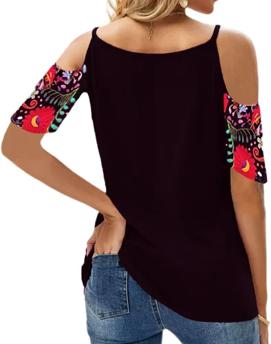 Vista 2 de Melliflo Blusas de verano con hombros descubiertos bordados para mujer, blusas campesinas casuales de verano, camisas mexicanas de manga corta