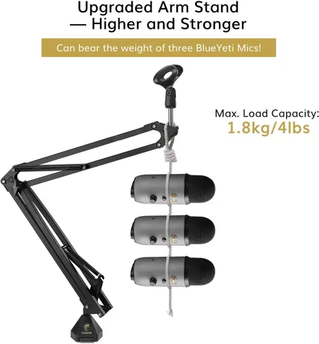 Vista 2 de TONOR Soporte de brazo para micrófono, soporte de micrófono de tijera de suspensión ajustable con filtro pop, adaptador de 3/8 a 5/8 pulgadas