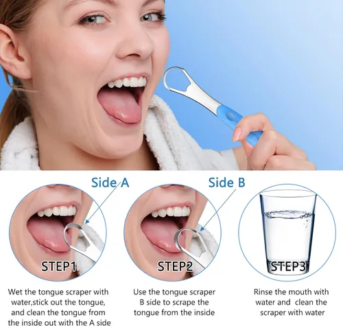 Vista 6 de 4 piezas de limpiador de lengua para adultos y niños, cepillo de lengua de acero inoxidable, raspador de metal, reduce el mal aliento con fundas