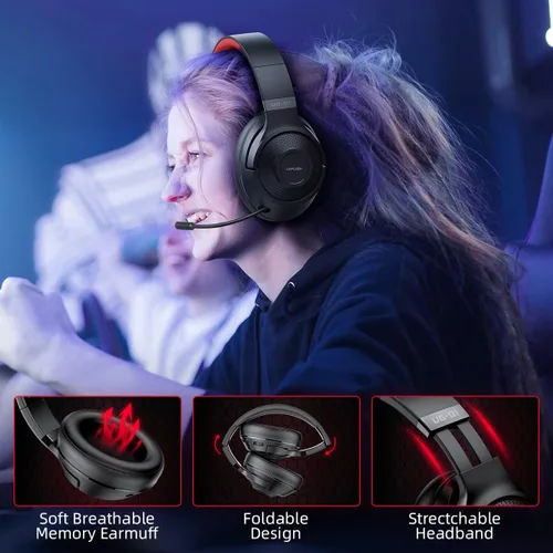 Vista 3 de Auriculares inalámbricos para juegos de 2.4 GHz para PC, PS5, PS4, MacBook, con micrófono, auriculares Bluetooth para teléfono celular, orejeras