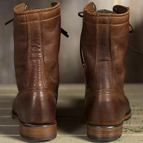 Vista 3 de Botas de combate romanas de cuero para mujer, con cordones, de media pantorrilla, para invierno, al aire libre, casual, para caminar, a la moda