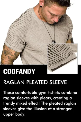 Vista 5 de COOFANDY - Camiseta muscular para hombre, camiseta de manga raglán plisada para culturismo, camisetas a la moda de manga corta para entrenar