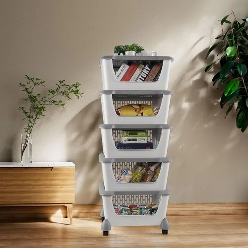 Vista 7 de Cestas de almacenamiento apilables de plástico para cocina, de 5 niveles, color gris
