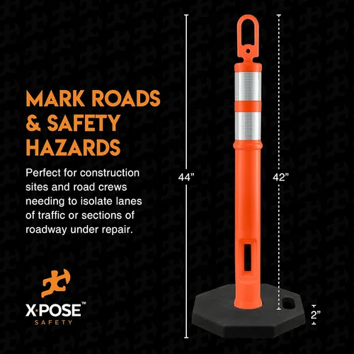 Vista 2 de Xpose Safety Postes de delineador naranja de 45 pulgadas con base, paquete de 3 – parte superior de anillo, banda reflectante de 10 pulgadas, base