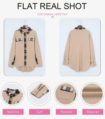 Vista 5 de SHEWIN Chaqueta de punto gofre para mujer, diseño a cuadros, con botones, holgada, de manga larga