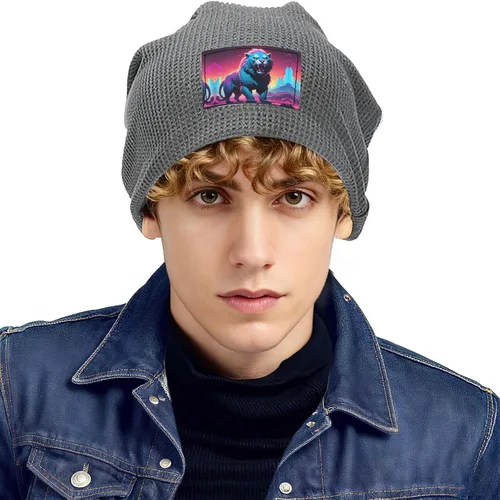 Vista 2 de Synthwave Sabertooth Patterned Black Fleece-Lined Warm Men's and Women's Hood, Winter Outdoor Sports Ski Cap
