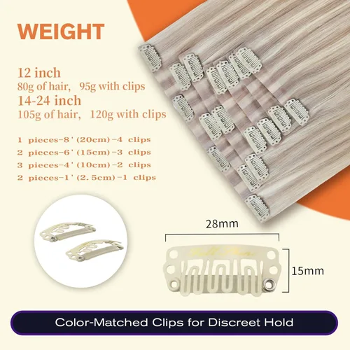 Vista 3 de Full Shine Extensiones de Cabello Rubio con Clip Reflejos Cabello Humano Extensiones con Clip Rubio Ceniza Mezcla Rubio Decolorado PU Extensiones
