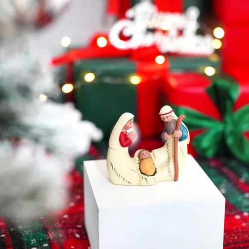 Vista 2 de Mini belén de la Santa Familia – Figura de resina de 2.9 pulgadas de María, José y el Niño Jesús, pequeña decoración religiosa de Navidad