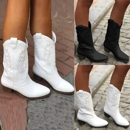 Vista 7 de Hbeylia Botas vaqueras occidentales para mujer, de cuero vintage, punta redonda, tacón medio, ancho, de media pantorrilla, botas vaqueras retro sin