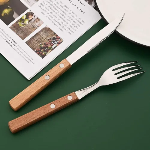 Vista 4 de Juego de cubiertos de 24 piezas con mango de madera, juego de cubiertos de acero inoxidable 304 para el hogar, cocina, restaurante, juego de vajilla