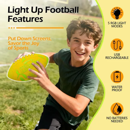 Vista 2 de Glow in The Dark Football Light Up Football USB-C Rechargeable LED Ball with Pump Night Game Ball for Indoor & Outdoor Play Gift Ready for