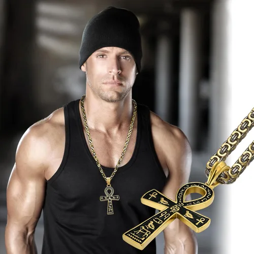 Vista 6 de Collar con colgante de cruz de Ankh copto egipcio antiguo de acero inoxidable para niños, mujeres y hombres, en cadena Rolo de 22 a 24 pulgadas