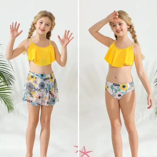 Vista 5 de Traje de baño para niñas con estampado de leopardofloralvaca, conjunto de bikini de 3 piezas con falda de playa