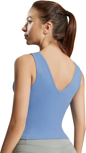 Vista 3 de Camiseta sin mangas para mujer, brasier integrado, cuello redondo, para entrenamiento, acanalado, deportivo, acolchado, sin costuras, ombligueras