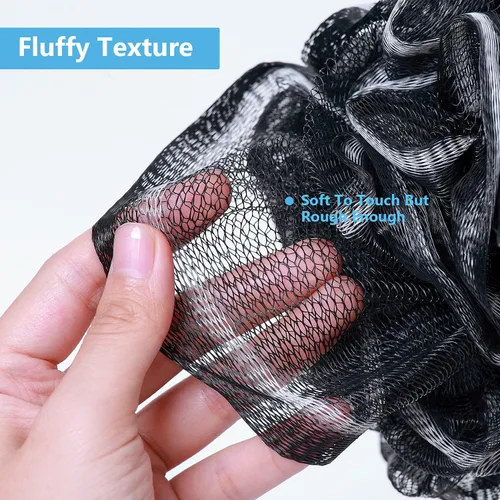 Vista 4 de VANZAVANZU Esponja de ducha grande de 2.82 oz de esponja de baño, puf de malla para hombres y mujeres, juego de 4 (negro con blanco)