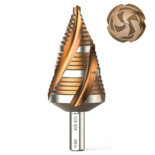 Vista 8 de M35 Cobalt HSS - Juego de brocas escalonadas, cuatro puntas de flauta en espiral de 1/8 a 7/8 pulgadas con revestimiento TiAlN resistente al