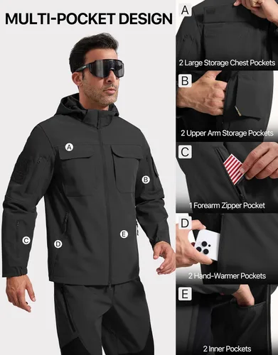 Vista 7 de FREE SOLDIER Chaqueta impermeable Softshell con forro polar para hombre, chaqueta táctica militar con capucha rompevientos