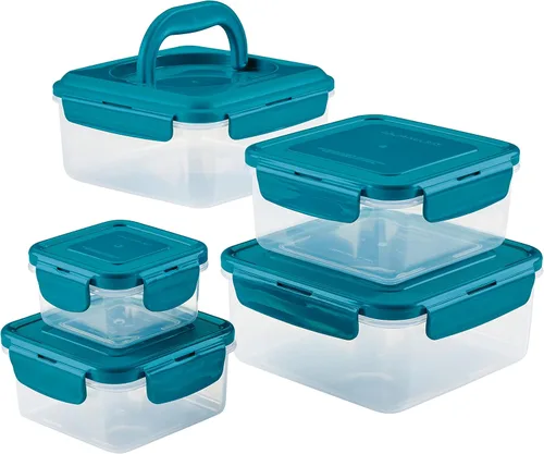 Vista 17 de Rachael Ray Juego de contenedores de almacenamiento de alimentos a prueba de fugas, 10 piezas, transparentes con tapas grises Transparente con tapas