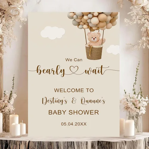 Vista 18 de Letrero de bienvenida con texto en inglés «We Can Bearly Wait Baby Show» para niño, tema de globo de oso de peluche azul Style#1