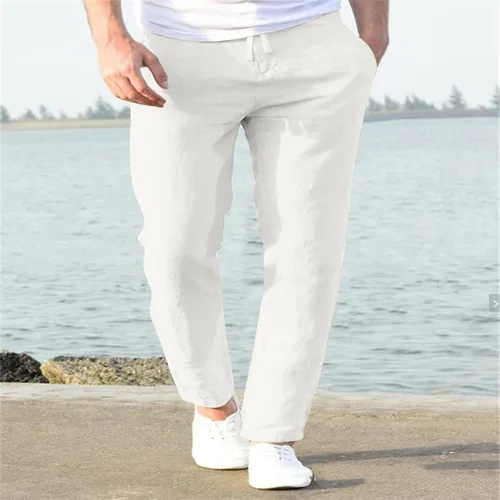 Vista 4 de EELHOE Mens Cotton Linen Pants Lightweight Casual Loose Fit Wide Leg Breathable Elastic Waist Baggy Joggers Trousers