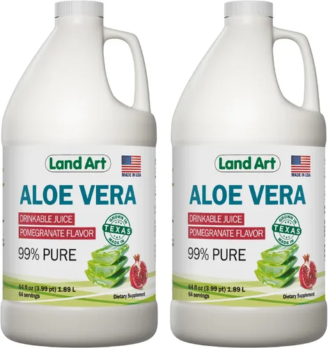 Vista 10 de Land Art Jugo de aloe vera puro – Sabor a granada – Procesado en frío – Filete interior de hojas frescas orgánicas de Texas – Ayuda, 64 onzas