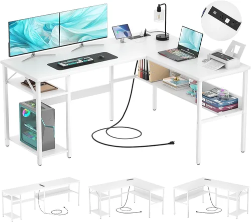Vista 9 de Escritorio reversible en forma de L para juegos con tomas de corriente y puertos de carga USB, escritorio para computadora resistente con estante