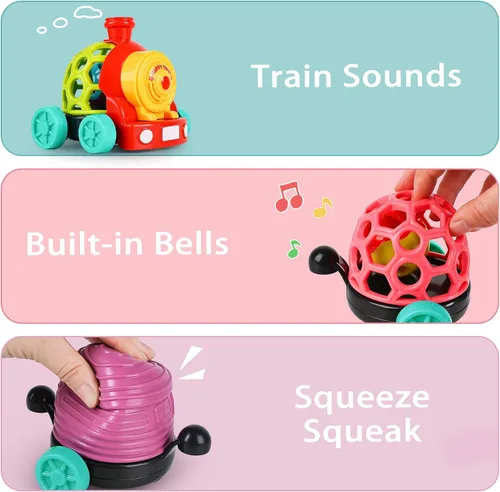 Vista 6 de iPlay, iLearn Tren de juguete para bebés, autos suaves para niños de 6 a 12 meses, camión musical Push N Go, sonajero sensorial para niños pequeños