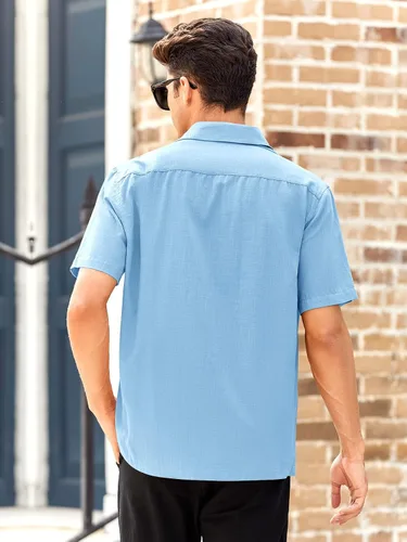 Vista 3 de Guayabera - Camisas de lino de algodón cubano de manga corta con botones, estilo casual, cuello para la playa