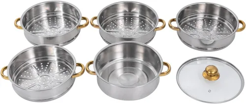 Vista 2 de Steamer Pot,5-Tier Stainless Steel Stockpot Steamers with Glass Lid and Anti-Scalding Handles,Polishing Steamer Cookware Pot for Induction Cookers