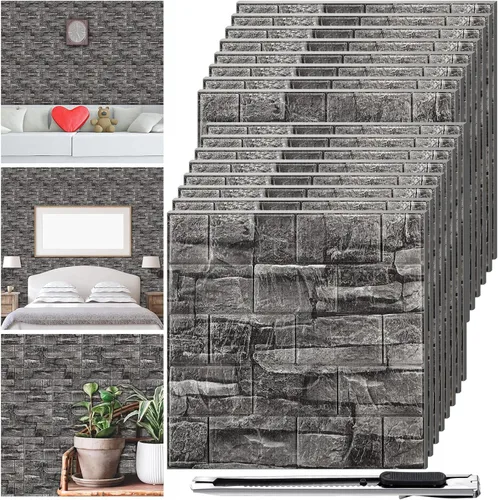 Vista 11 de Colarr 60 Piezas 58 Pies Cuadrados Paneles de Pared 3D Despegar y Pegar Papel Tapiz de Ladrillo 3D de Espuma Sintética Panelado Sintético Paneles