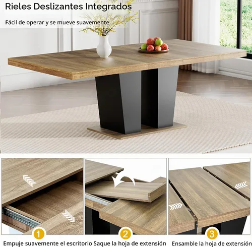Vista 4 de Mesa de comedor extensible de 78.74 pulgadas para 6, 8 y 10, moderna mesa de cocina expandible de granja con pedestal de doble columna, mesa
