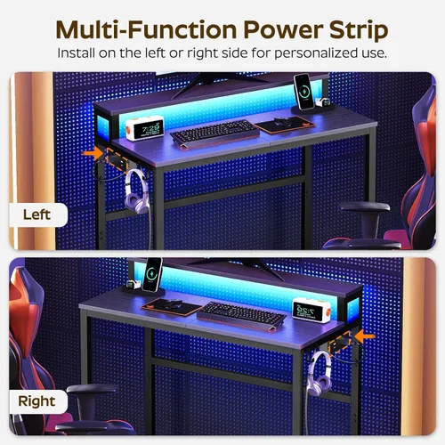 Vista 7 de YATINEY Escritorio pequeño para computadora con estación de carga y luces LED, escritorio para juegos con soporte para monitor, escritorio