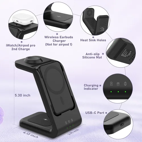 Vista 6 de Smtcsl Estación de Carga Inalámbrica 3 en 1: Soporte de Cargador de Banco de Energía Extraíble de 5000mAh para Teléfono/Reloj/Air Pods - Paquete