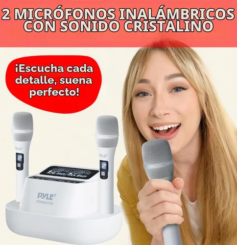 Vista 2 de Pyle Juego de micrófonos de karaoke - Micrófonos inalámbricos con receptor de canal UHF 2x100, sonido de alta fidelidad, antiinterferencias