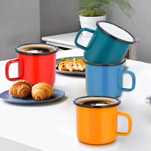 Vista 2 de TeamFar Juego de 4 tazas de té y café, tazas esmaltadas para uso doméstico, oficina, fiesta o campamento, colores brillantes y aspecto clásico, 12