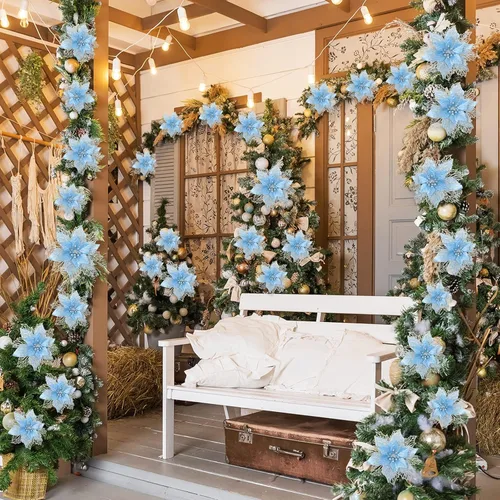 Vista 4 de Geosar 36 flores de Pascua de Navidad de 3 tamaños, 3, 4, 6 pulgadas, decoraciones de árbol de flores sintéticas con purpurina, adornos de Pascua