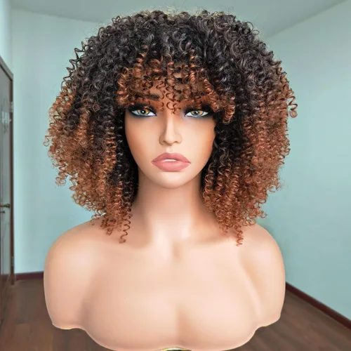 Vista 2 de Peluca rizada afro rizada marrón con flequillo - peluca sintética de pelo corto para mujeres negras
