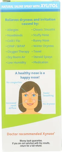 Vista 2 de Xynase Spray nasal con xilitol (0.75 onzas líquidas), alivio suave salino natural para congestión, alergias y presión sinusal, seguro para todas