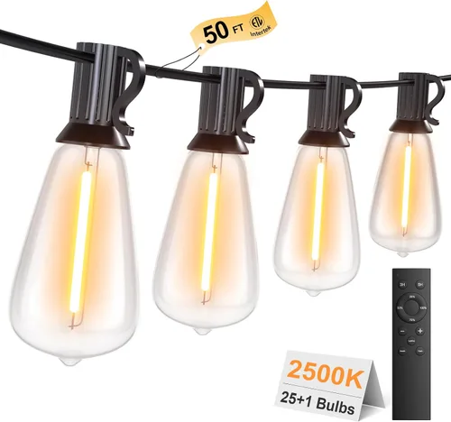 Vista 13 de Guirnalda de luces para exteriores de 25 pies, luces impermeables para patio con bombillas Edison ST38 vintage inastillables, luces colgantes