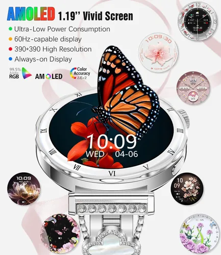 Vista 2 de Reloj inteligente para mujer, pantalla AMOLED HD de 1.19 pulgadas, reloj inteligente para mujer, rastreador de actividad física con monitor